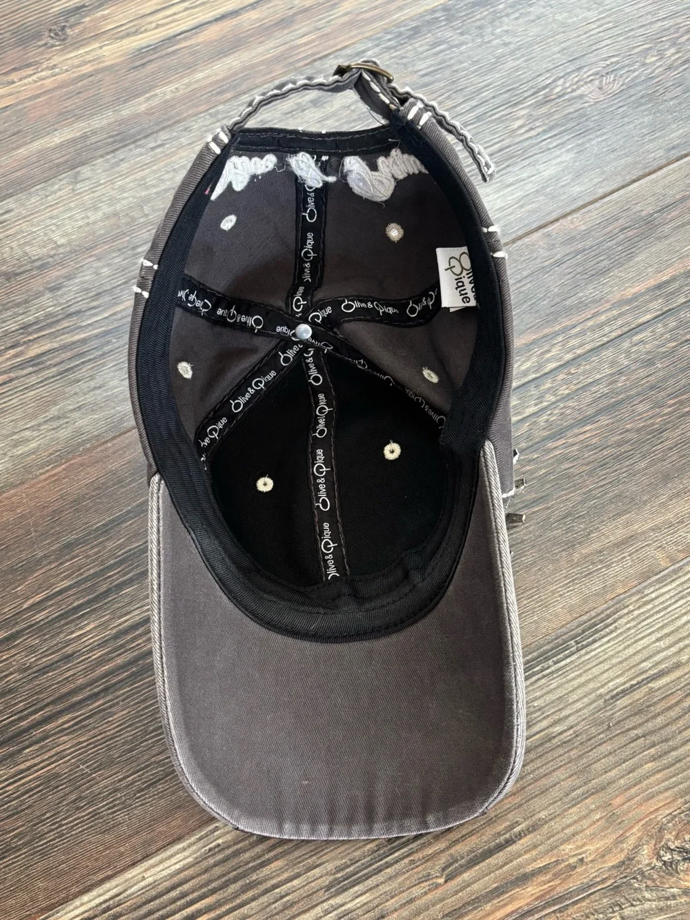 Olive & Pique Rhinestone Flower Baseball Cap Hat Washed Gray Embroidered *Read - Picture 7 of 11